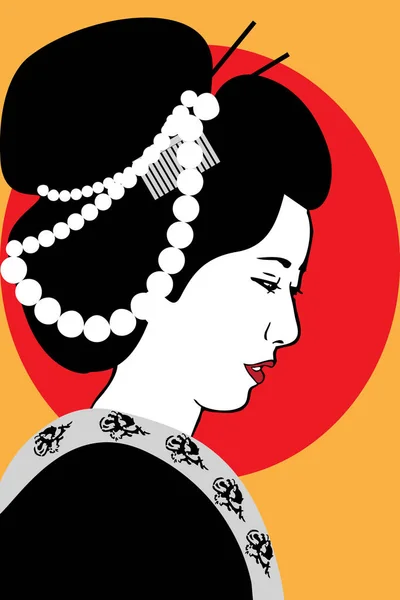 Une geisha avec des perles de perles dans une coiffure et un kimono sur un oran — Image vectorielle