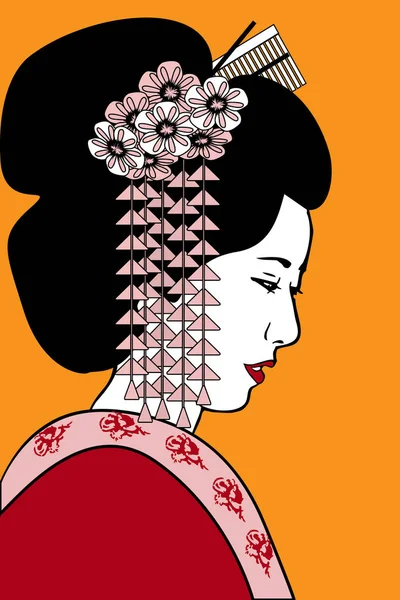 Geisha with floral decoration in a hairstyle and a red kimono on — Stock Vector