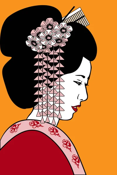 geyşa çiçek dekorasyonu bir saç modeli ve üzerinde kırmızı bir kimono ile