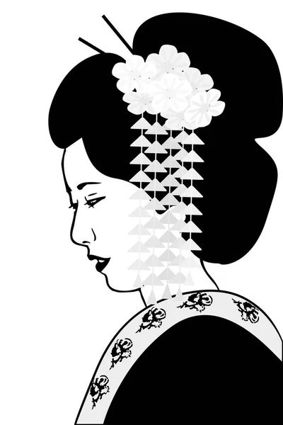 Black and white geisha with floral decoration in hairstyle and d — Stock Vector