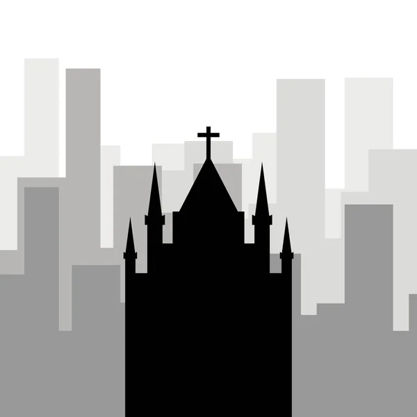 Religión en la ciudad. Icono negro de la iglesia católica contra — Vector de stock