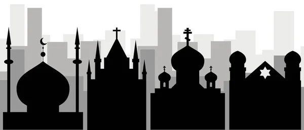Religión en la ciudad. Iconos negros de la sinagoga, mezquita, Orth — Vector de stock