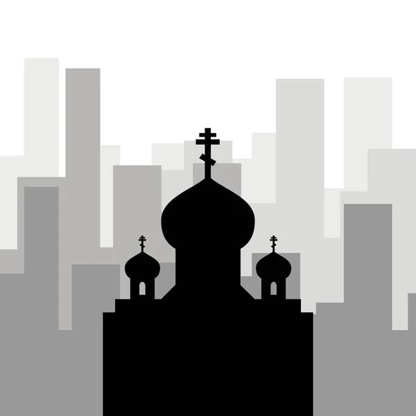 Religia w mieście. Czarna ikona Kościoła prawosławnego przeciwko — Wektor stockowy