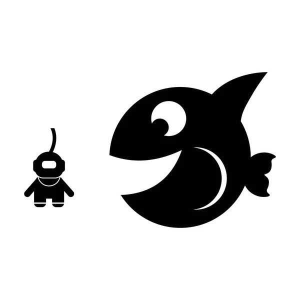Piktogramm Hai mit Tauchersymbol. schwarzes Symbol auf weißem Hintergrund. — Stockvektor