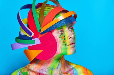 Model with colorful abstract makeup in multicolored helmet clipart