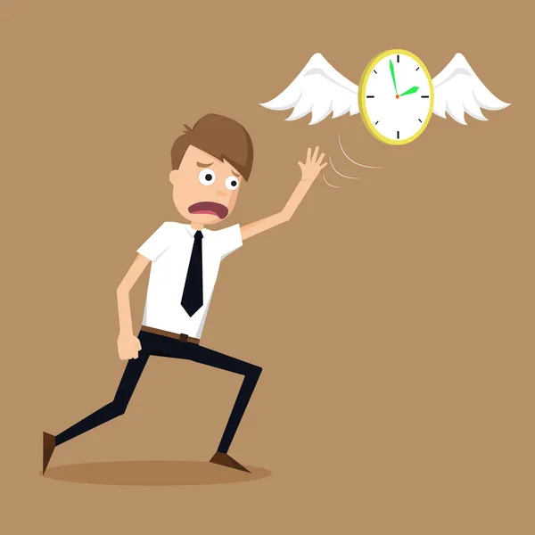 Klok met vleugels vliegen ontsnappen uit de buurt van een zakenman — Stockvector