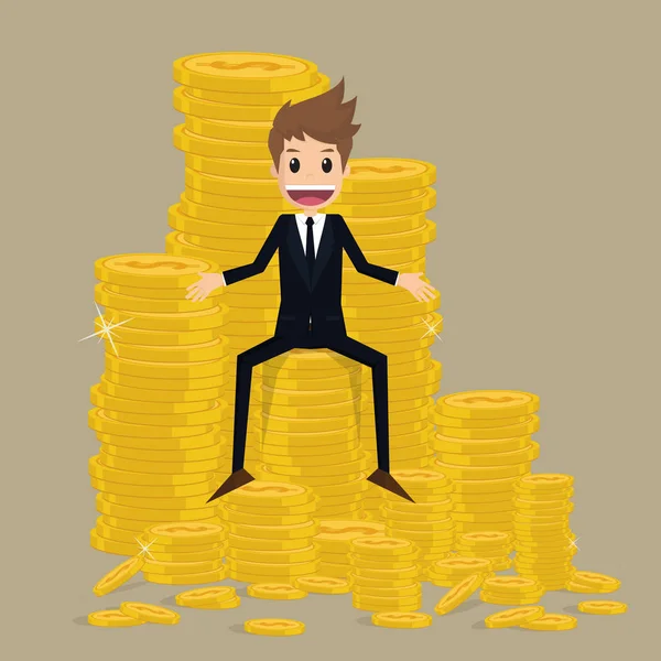 Biznesmen, siedząc na stos złota moneta — Wektor stockowy