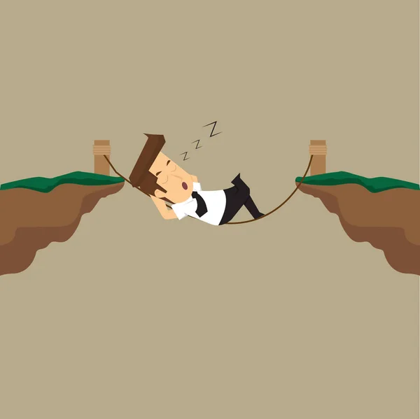 Homme d'affaires allongé sur une ficelle avec le risque de l'abîme — Image vectorielle