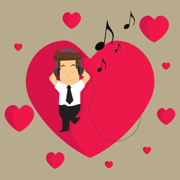 Hombre de negocios escuchando la música del amor en lo que hacen — Vector de stock