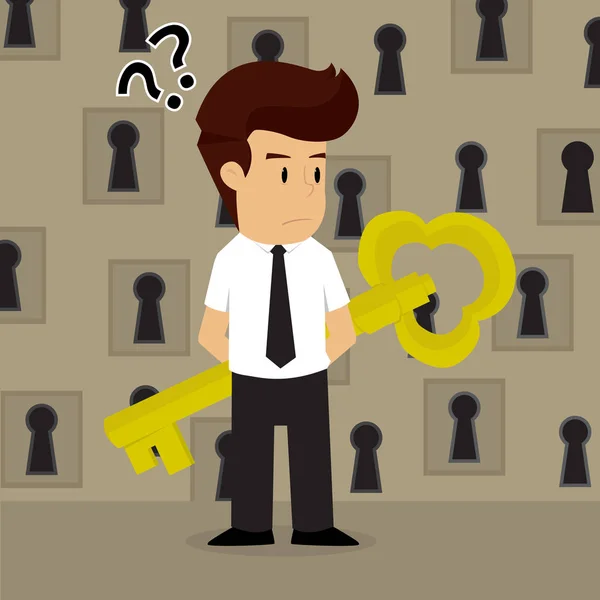 Empresário segurando a chave, caixas e para desbloquear — Vetor de Stock