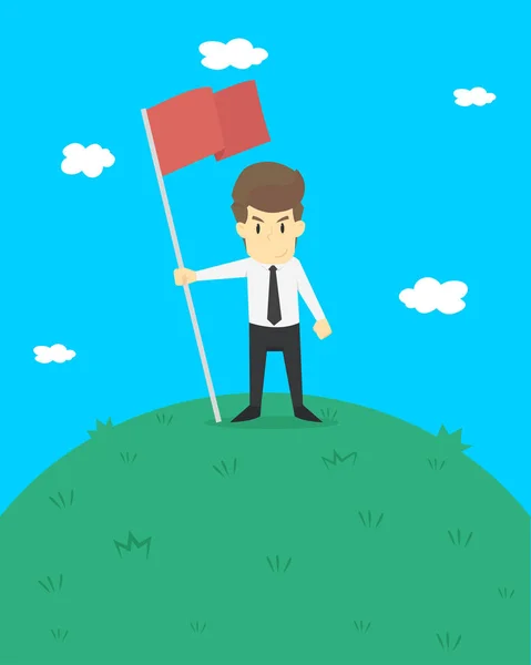 A businessman hold flag on the pinnacle — Stock Vector