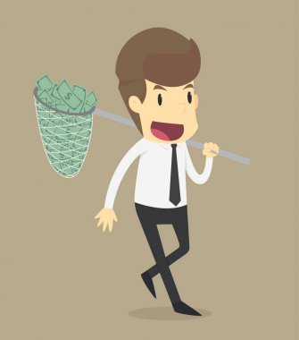 Bir kelebek ağı ile uçan para yakalamaya çalışıyor işadamı