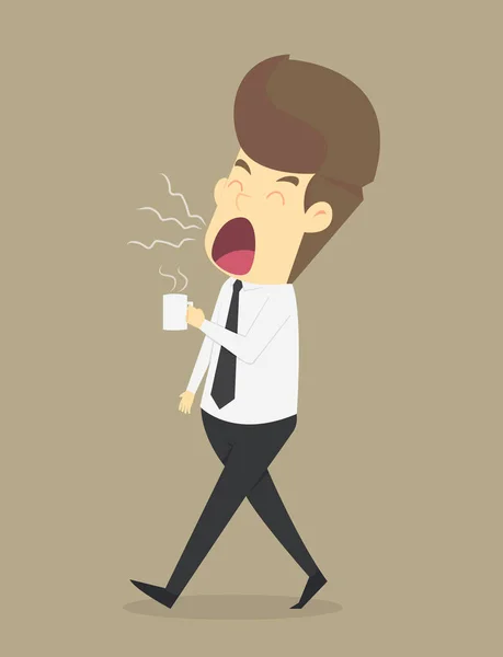 Um homem de negócios solta o sonolento, bebe café — Vetor de Stock