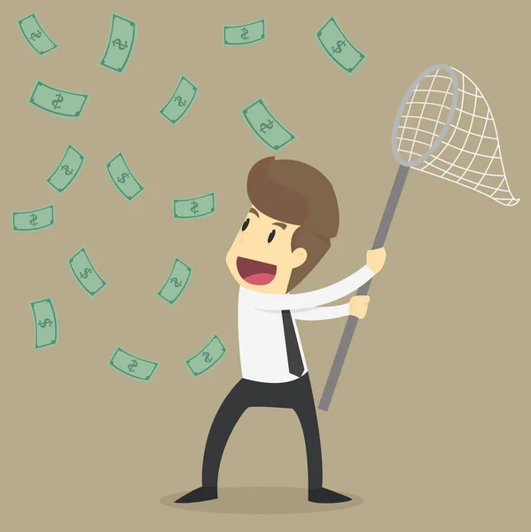 Businessman trying to catch flying money with a butterfly net — Stock Vector