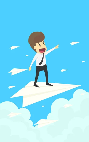 Homme d'affaires debout sur l'avion de papier et pointant vers le succès — Image vectorielle
