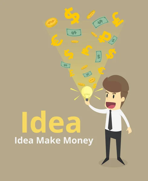 Negócio com ideia de lâmpadas ganhar dinheiro de moeda, moeda, busin — Vetor de Stock