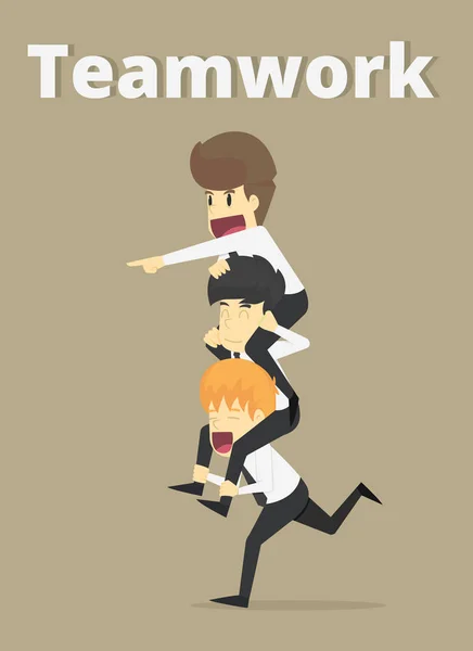 Businessman sitting on shoulders of coworkers,teamwork running . — Stock Vector