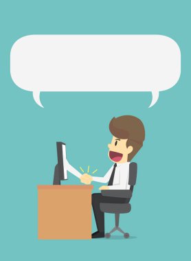 İşadamı karşılıklı iş ekran üzerinden. İş anlaşması, ilgili. İş karikatür adam karakter. Görünümü işadamı duyguları hareketli bir adam simgesi içerir. Vektör çizim