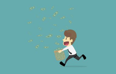 İşadamı ile para mutlu düşmek. Karikatür iş başarı