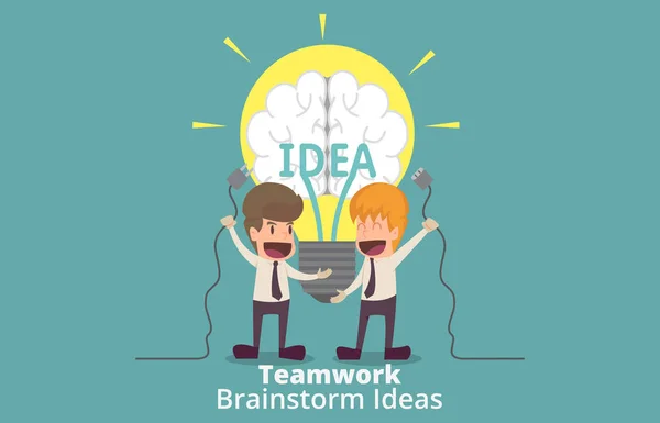Deux hommes d'affaires avec fiche et ampoule, travail d'équipe Brainstorming — Image vectorielle