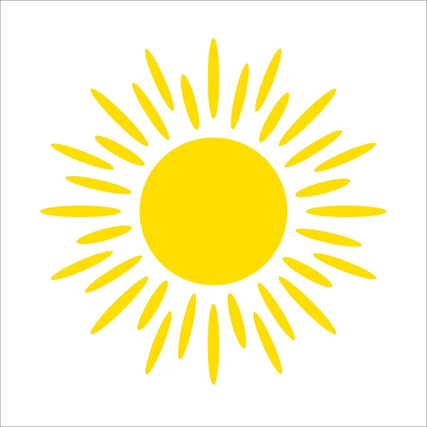 Icono amarillo del sol aislado sobre fondo blanco. Luz solar plana, signo. Vector símbolo de verano para el diseño del sitio web, web — Archivo Imágenes Vectoriales