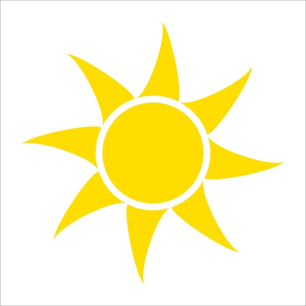 Icono amarillo del sol aislado sobre fondo blanco. Luz solar plana, signo. Vector símbolo de verano para el diseño del sitio web, web — Archivo Imágenes Vectoriales