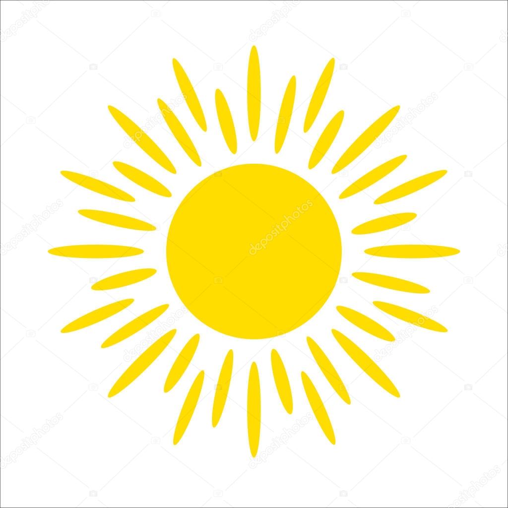 Yellow sun icon isolated on white background. Flat sunlight, sign. Vector summer symbol for website design, web