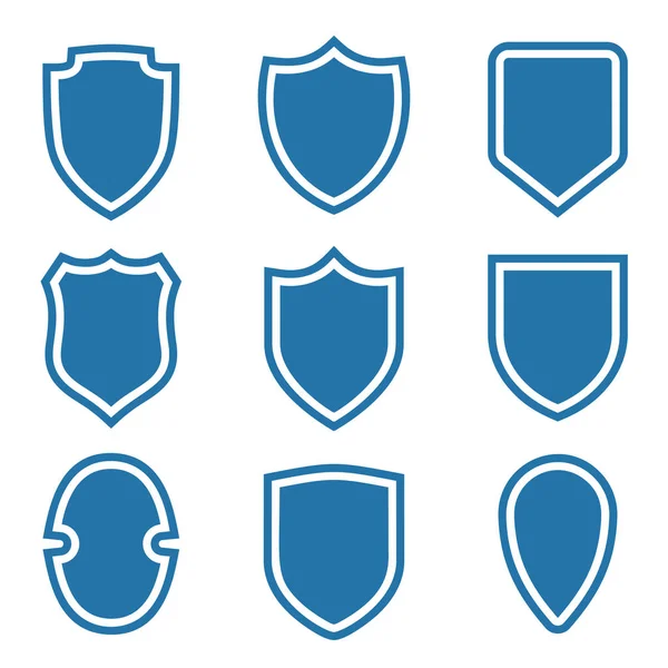 Icone a forma di scudo impostate. Etichette blu. Simbolo di protezione , — Vettoriale Stock
