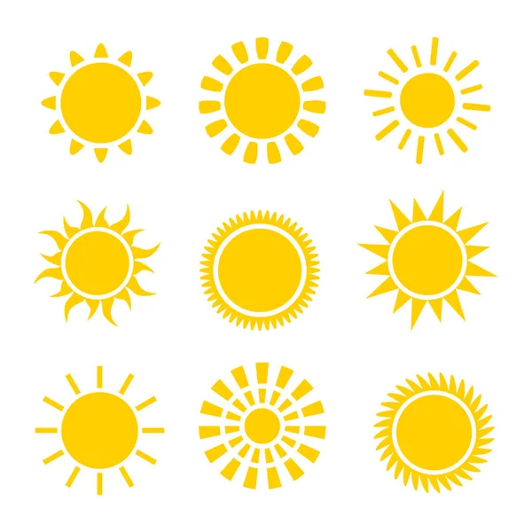 Icônes du soleil ensemble. Collection de symboles plats brillants. Logos de lumière du jour — Image vectorielle