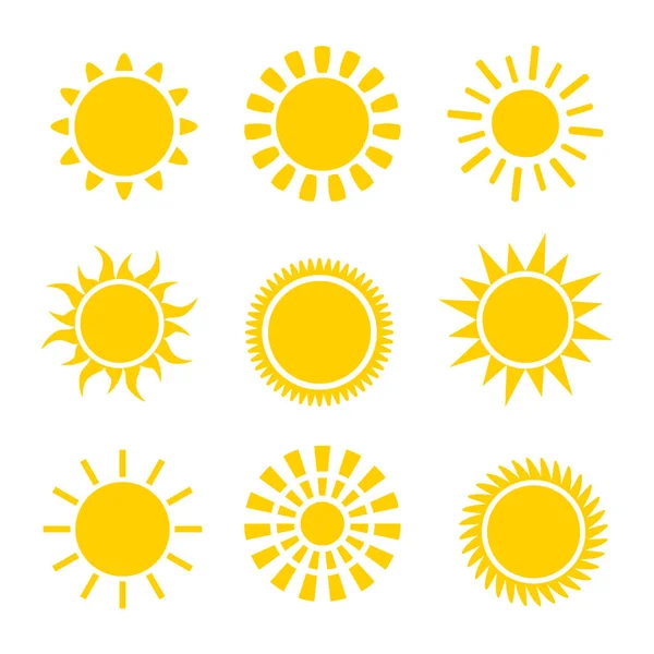 Sol iconos puesta. Plano brillante colección de símbolos. Logos diurnos — Vector de stock