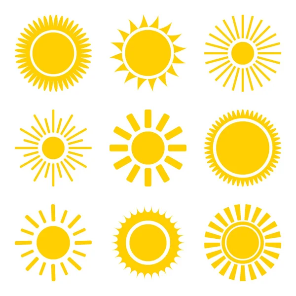 Icônes du soleil ensemble. Collection de symboles plats brillants. Logos de lumière du jour — Image vectorielle