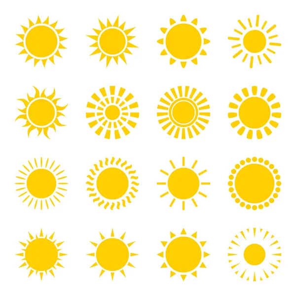 Icônes du soleil ensemble. Collection de symboles plats brillants. Logos de lumière du jour — Image vectorielle