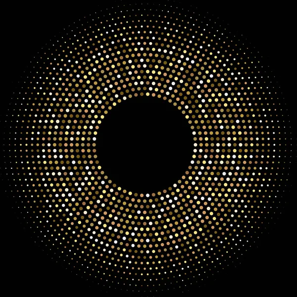 Golden halftone round frame. Abstract chaotic dots background