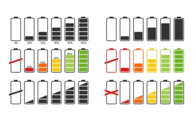 Batarya şarj göstergesi simgeleri, vektör grafikleri. Gsm enerji seviyesi simgeleri ayarlandı. Vektör simgeleri