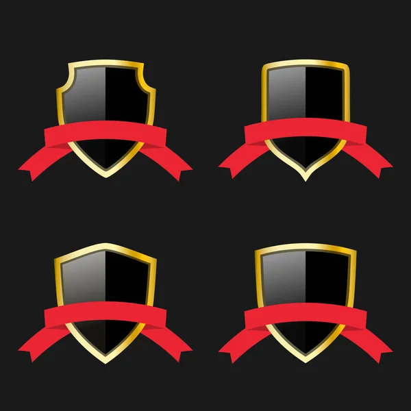 Boucliers noir et or sertis de rubans rouges. Emblèmes de protection. symboles de sécurité — Image vectorielle