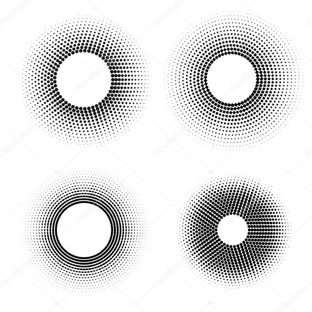 Set of halftone backgrounds. Dotted abstract forms. Black dots vector illustration. Blank design elements collection.