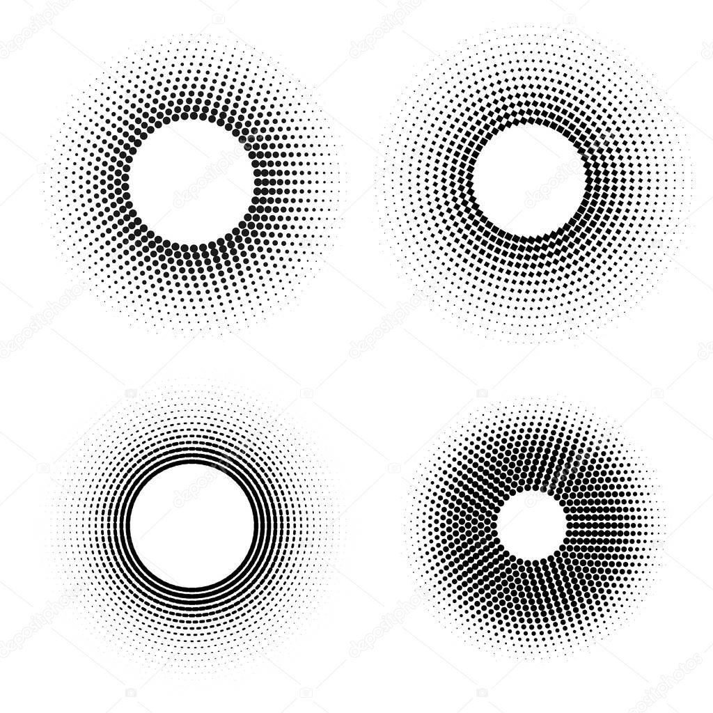 Set of halftone backgrounds. Dotted abstract forms. Black dots on white. Vector illustration. Blank design elements collection.