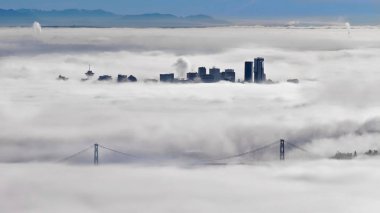 Kışın sisli sabah Lions Gate Köprüsü ve Vancouver manzarası. 