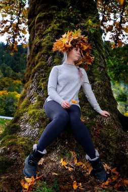 Sarı yaprakları ile akçaağaç ağaç tarafından sonbaharda oturan genç güzel kadın.