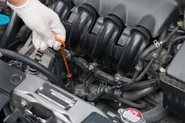 Teknisyen Araba, petrol sopa motor yağ düzeyini denetleme