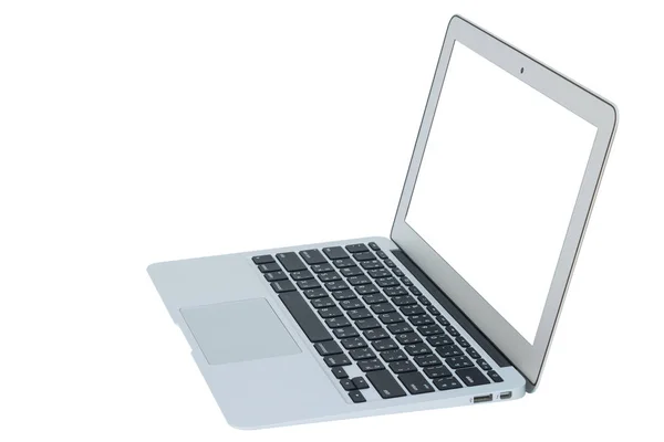 Vista lateral de la computadora portátil blanca primer plano sobre fondo blanco — Foto de Stock