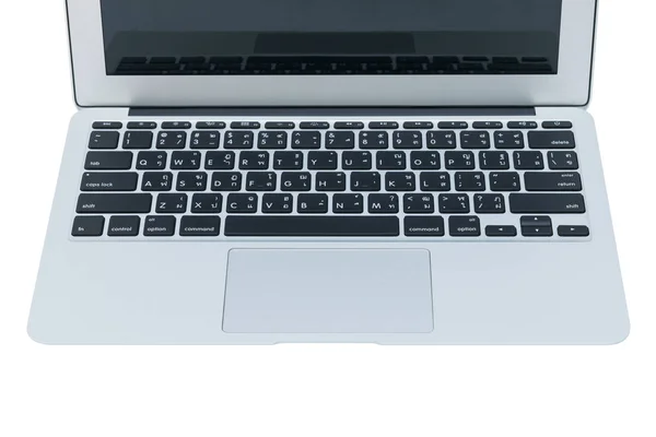 Jumătate din vedere față a laptopului alb de închidere pe fundal alb — Fotografie, imagine de stoc