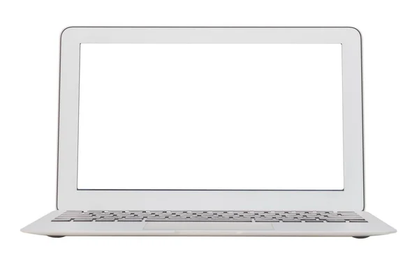 Vorderseite des weißen Laptops Nahaufnahme auf weißem Hintergrund — Stockfoto
