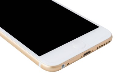 Beyaz arka plan üzerinde izole altın cep telefonu yan görünüm