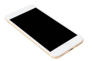 Beyaz arka plan üzerinde izole altın cep telefonu yan görünüm