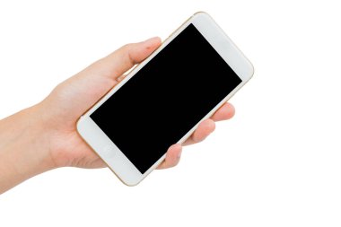 Beyaz zemin üzerine altın smartphone tutan el