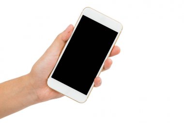 Beyaz zemin üzerine altın smartphone tutan el