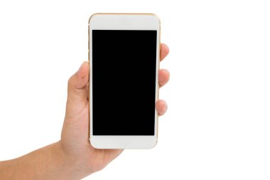 Beyaz zemin üzerine altın smartphone tutan el