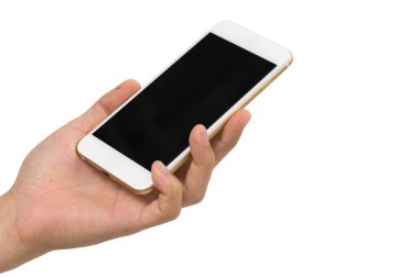 Beyaz zemin üzerine altın smartphone tutan el
