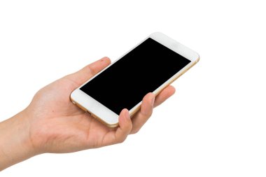 Beyaz zemin üzerine altın smartphone tutan el